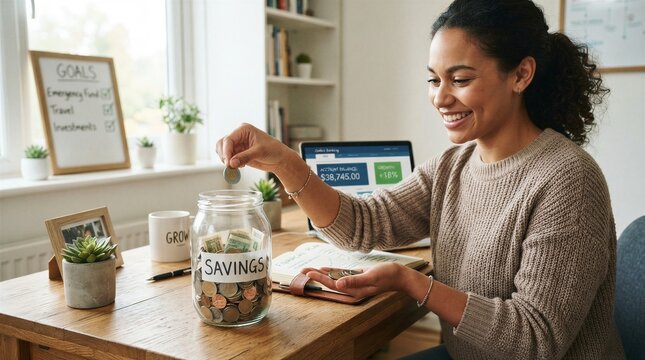 Woman putting coin into savings jar at home desk