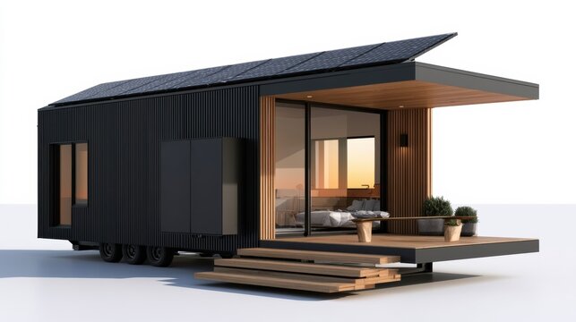 ADU + Home Battery Modern tiny house on wheels with a sleek black exterior, large windows, and a wooden deck with potted plants.