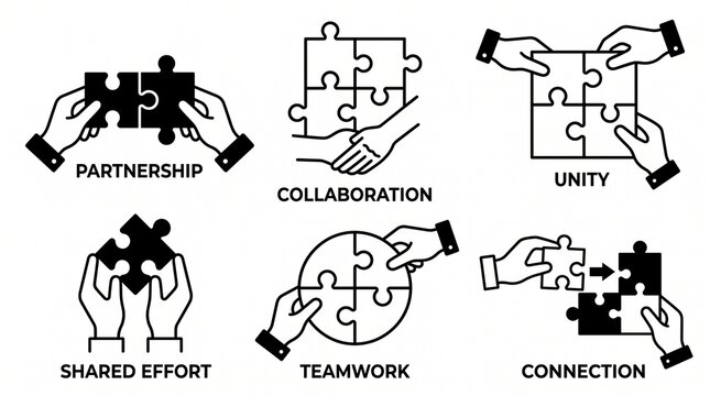Teamwork, Partnership, and Collaboration Icons Set: Hands Connecting Puzzle Pieces for Unity, Shared Effort, and Business Solutions