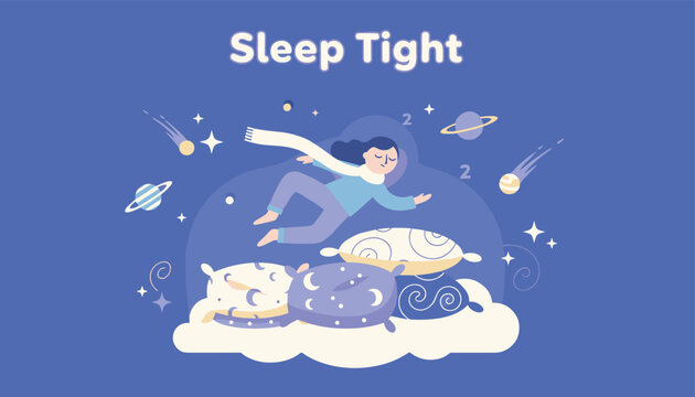 Peaceful girl floating in starry space among soft pillows with planets and comets for sleep tight concept vector.