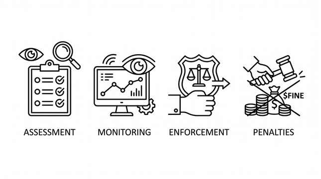 Regulatory Compliance Icons Set: Assessment, Monitoring, Enforcement, and Penalties Line Art Illustrations for Business and Legal Concepts