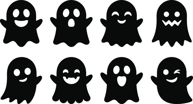 Eight black ghost silhouettes with varying expressions on a white background