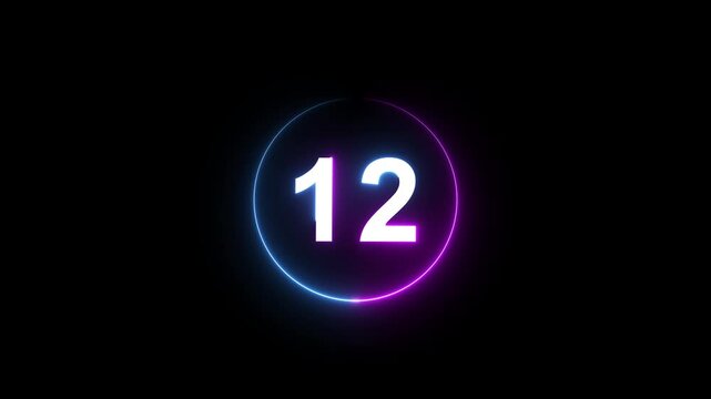 A dynamic circular animation, and glowing count neon number 12 animation . on a black background. and creating a stunning 4k video.