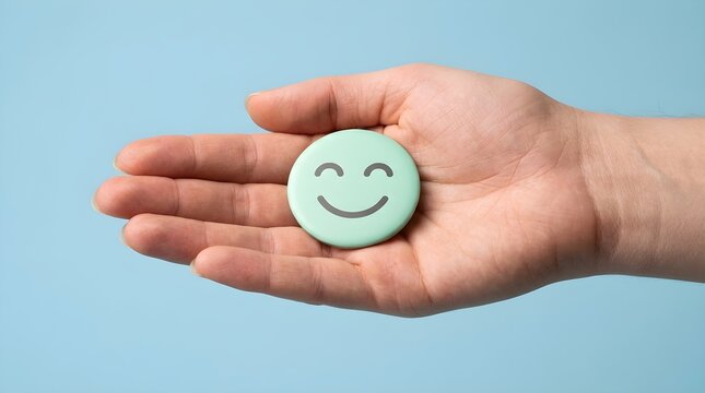 Hand holding a green smiley face badge representing happiness and positive mental health on a blue background