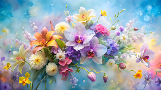 Vibrant bouquet of spring flowers in a dreamy pastel watercolor style