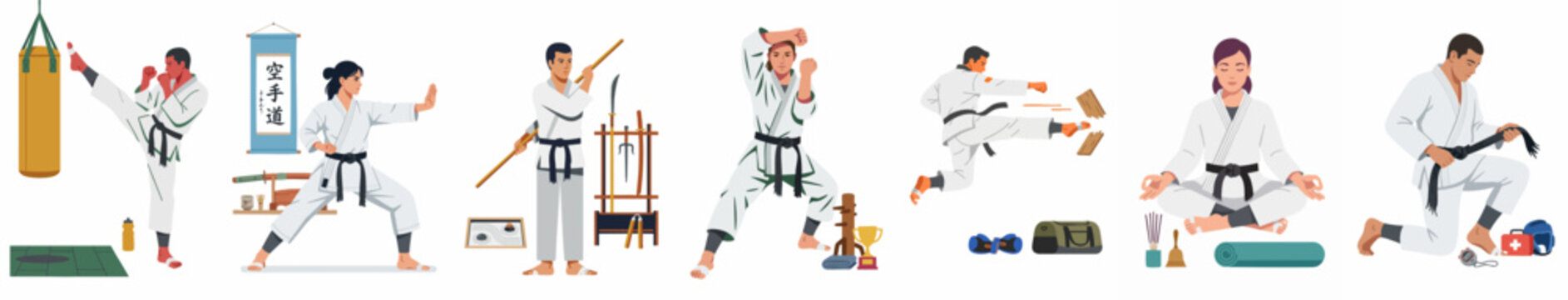 A diverse collection of martial arts practitioners demonstrating various techniques including kicking, weapons training, board breaking, meditation, and kata in white uniforms.