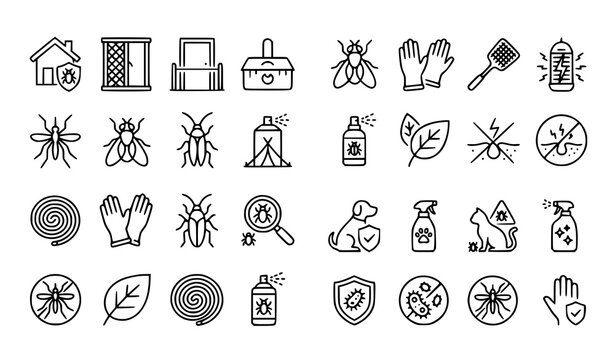 Set of pest control and insect protection icons featuring various bugs sprays and prevention equipment line art