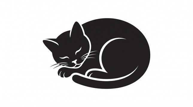 A sleeping cat is depicted in a black silhouette vector illustration against a white background
