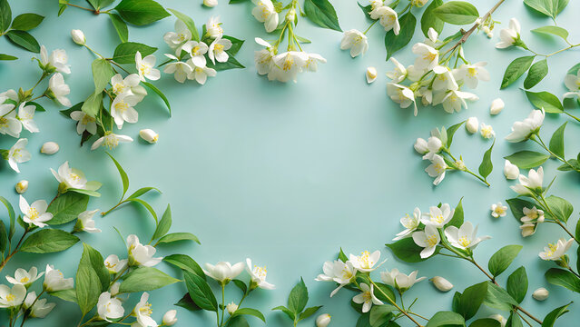 Delicate jasmine flowers and green leaves arranged in a circular frame on a teal background