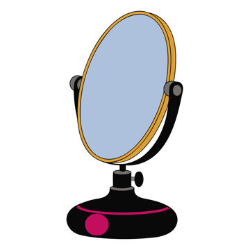 Vintage tabletop vanity mirror vector, antique gold oval makeup mirror on black stand, classic dressing table accessory illustration