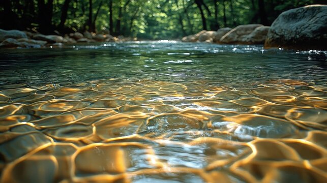 Clear Shallow River Flowing Over Golden Pebbles In A Sunny Forest Landscape