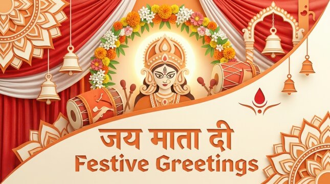 Durga puja festive greetings banner with goddess portrait bells drums and hindi calligraphy on cream and red background.
