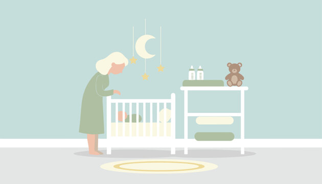Caring mother looking at her newborn baby sleeping peacefully in baby crib inside cozy decorated nursery room.