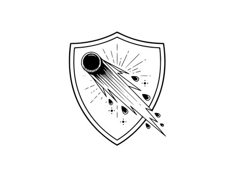 Dynamic vector illustration of a celestial comet piercing through a heraldic shield, black and white line art depicting impact, force, and cosmic energy