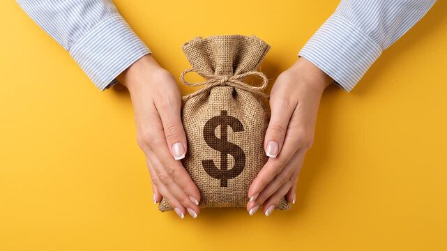 Financial protection and security concept with female hands safeguarding a dollar sign money bag on a vibrant yellow background.