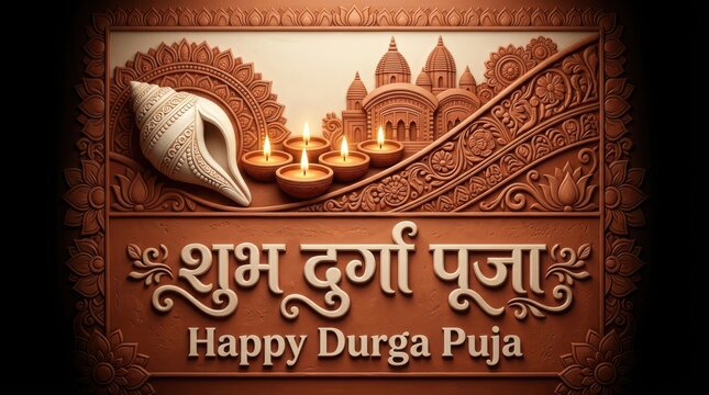 Intricate terracotta style relief carving with conch shell and oil lamps honors traditional Durga Puja festival art.