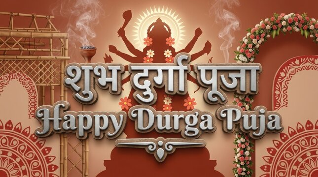 Golden 3D typography for Durga Puja greeting set against a warm spiritual backdrop with goddess silhouette and flowers.