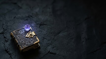 Fototapeta premium Ancient spellbook with glowing crystal on dark stone.
