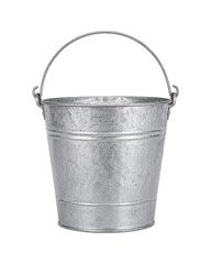 Galvanized metal bucket with a curved wire handle, reinforced bands, and mottled zinc surface, isolated on a clean white background in front view. © MJ iceberg