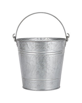 Galvanized metal bucket with a curved wire handle, reinforced bands, and mottled zinc surface, isolated on a clean white background in front view.