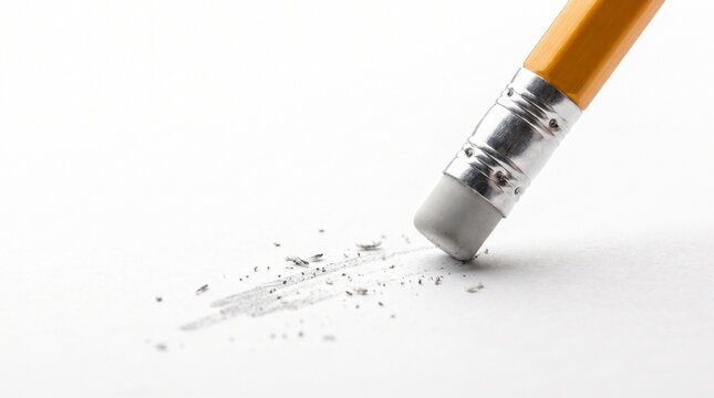 macro close-up of a classic yellow wooden pencil with a silver metal ferrule and soft gray rubber eraser actively erasing graphite marks from a clean white paper surface, tiny eraser 
