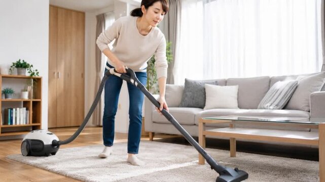掃除機を使ってリビングを掃除する日本人女性