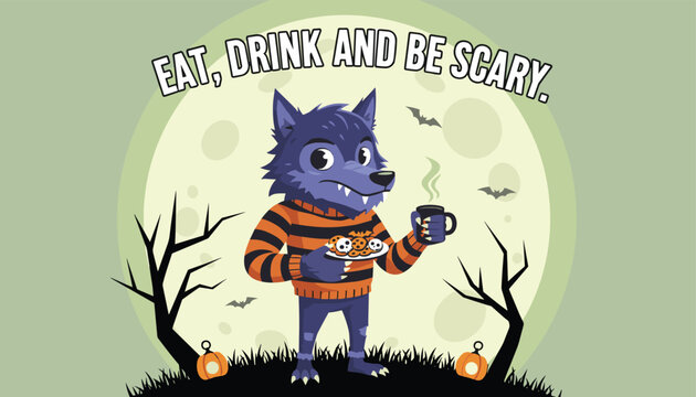 Fun cartoon werewolf wearing a striped sweater holding cookies and hot coffee in a spooky forest under a full moon for Halloween.