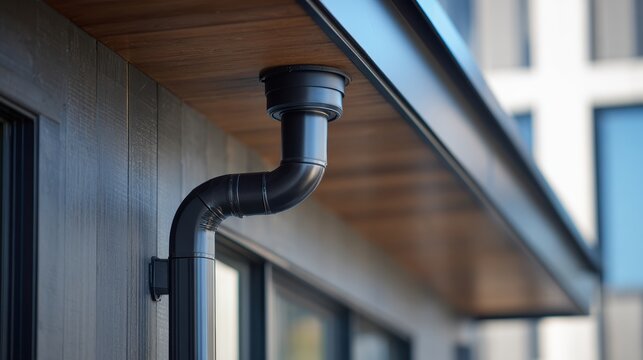 ADU + Rainwater Harvesting Close-up of a black metal rain gutter and downspout attached to a modern building exterior.