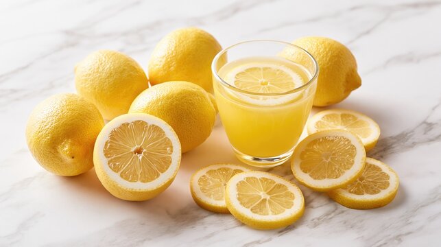 Fresh Lemon Juice Glass with Sliced Lemons on White Marble for Healthy Eating and Refreshing Dieting