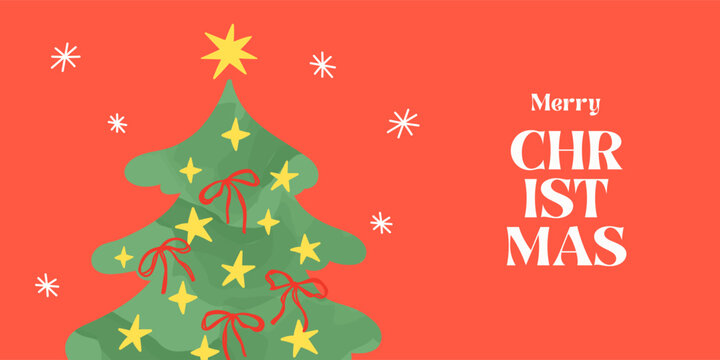 Playful Christmas Card with hand-drawn decorated Christmas tree. Cheerful holiday template for greeting card, poster, social media, seasonal branding, packaging, invitation and Christmas marketing