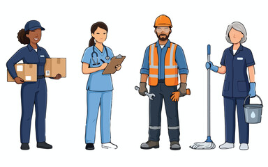 Obraz premium Labor Day Vector set of blue collar workers and service workers, courier, nurse, construction worker, cleaner, helpful professionals in uniform isolated on White Background vector eps