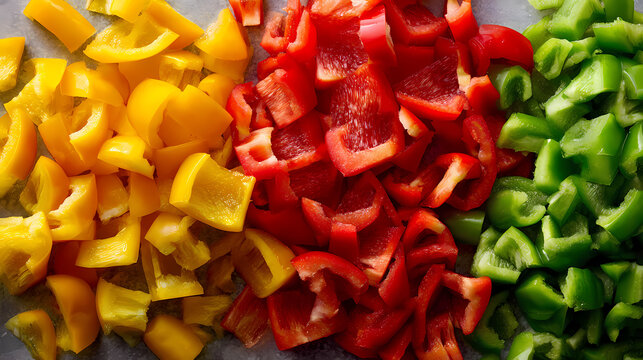 Bell peppers in red, yellow, and green colors are chopped into small uniform cubes and arranged in separate rows on a neutral surface to provide a colorful culinary background for food preparation.