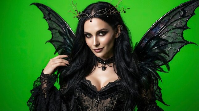 Beautiful Dark Fairy Queen with Black Wings and Gothic Crown Isolated on Green Screen Background