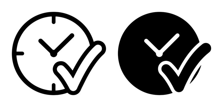 Time Management Icons, Clock with Checkmark, Approved Schedule, Task Completion, Deadline Met, Vector Graphics