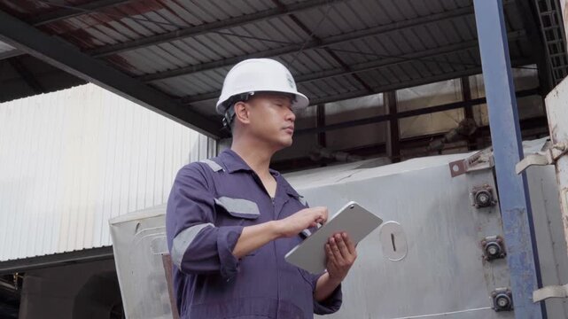 Engineering work using digital tablet maintenance Exhaust system concept Clean air environmental protection. Factory industrial manufacturing. Sustainable future environment air pollution reduction