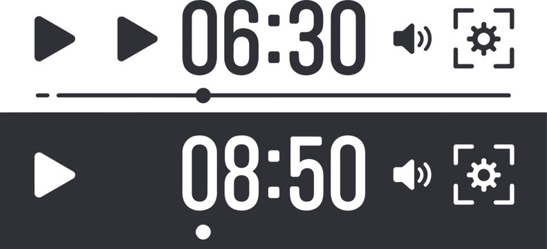Media player control bars with play buttons, timestamps, volume, and fullscreen icons in two themes.