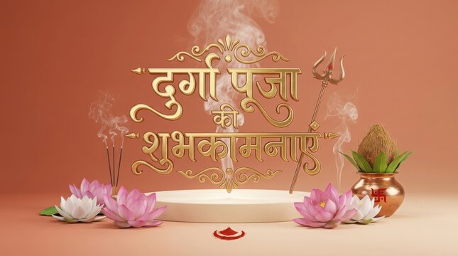 Durga Puja greetings with golden text lotus flowers incense sticks and kalash an auspicious Hindu festival for worship.