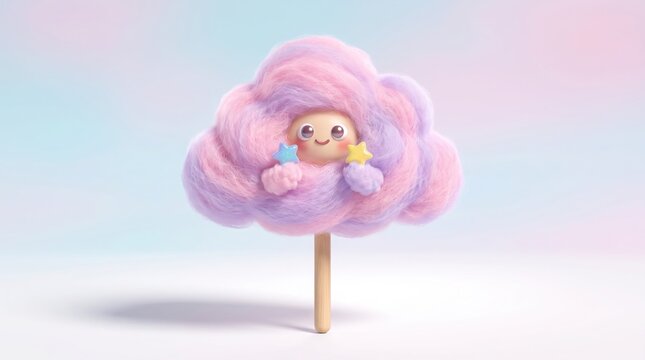 Sweet cotton candy cloud character holding colorful star details.