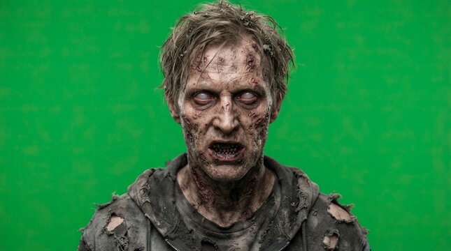 Scary Zombie Man with Decaying Face and White Eyes Isolated on Green Screen Background for Editing