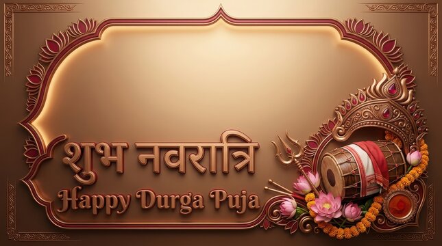 Shubha navratri greeting card design with traditional indian dhol drum and golden trident on elegant brown luxury background.