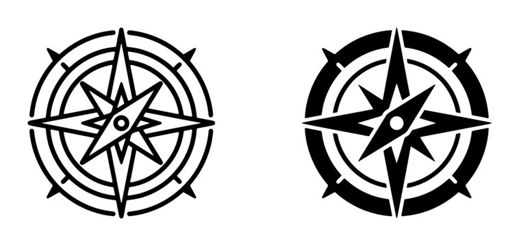 Two Compass Rose Icons, Vector Graphics for Navigation and Direction, Nautical and Travel Symbols, Black and White Design Elements