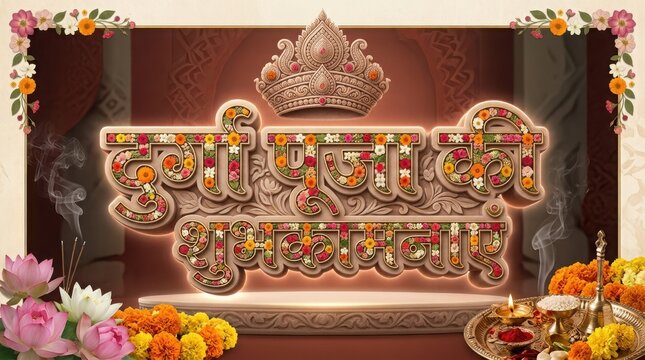 Decorative durga puja celebration greeting card featuring floral typography and golden crown on warm traditional background.