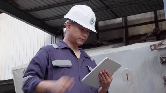 Engineering work using digital tablet maintenance Exhaust system concept Clean air environmental protection. Factory industrial manufacturing. Sustainable future environment air pollution reduction