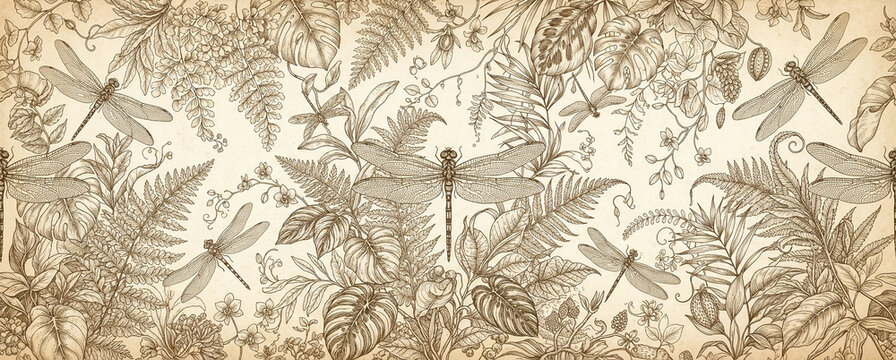 Vintage botanical illustration pattern in sepia tone featuring detailed dragonflies, fern leaves, and tropical foliage on a textured aged parchment paper background for a rustic look