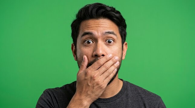 Shocked young Asian man covering mouth with hand in surprise isolated on green screen background
