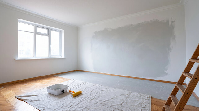 Empty room renovation shows white walls with grey paint patches on wooden floor plus ladder and rollers for home remodel.