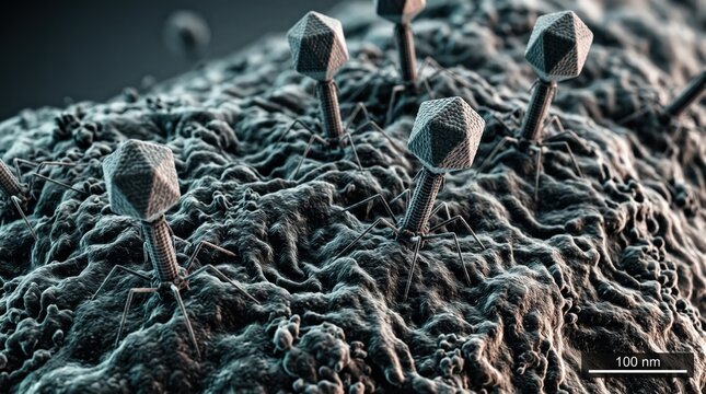 Microscopic 3D rendering of bacteriophages infecting a bacterial cell surface
