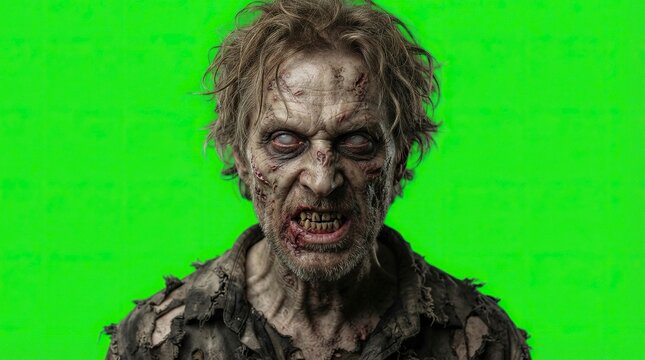 Scary Undead Zombie with Rotten Skin and White Eyes Snarling at Camera on Green Screen Background
