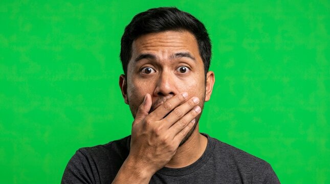 Shocked and surprised Asian man covering mouth with hand in disbelief isolated on green screen