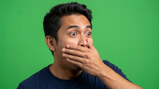 Surprised Southeast Asian Man Covering Mouth with Hand in Shock Looking Aside on Green Background